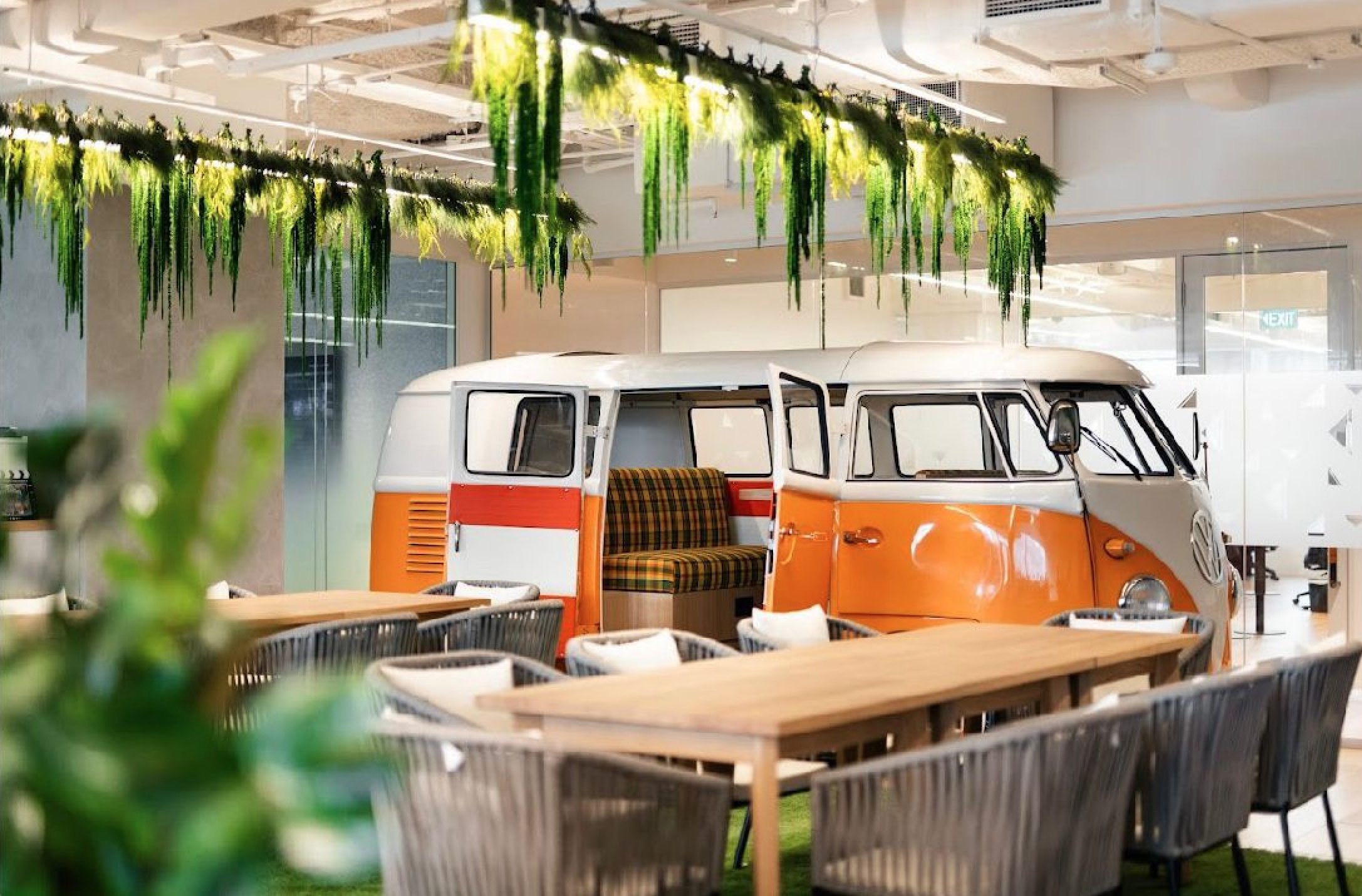 Office breakout space with caravan in the middle