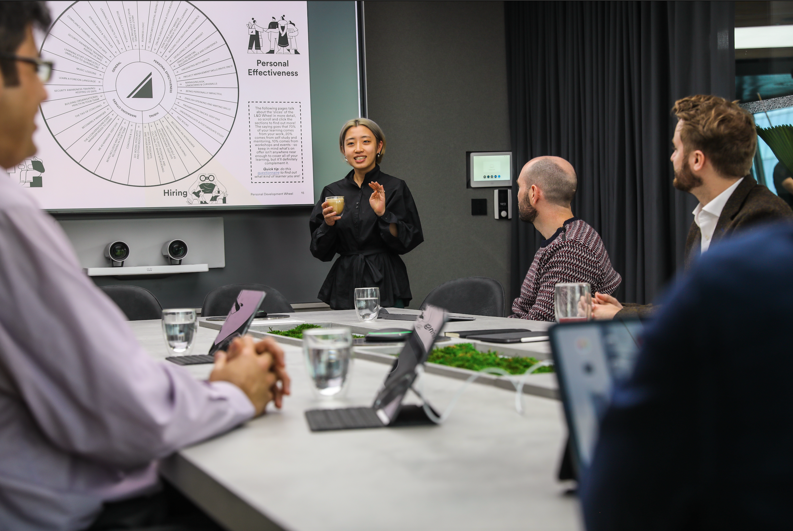 People in a boardroom listing to a presentation