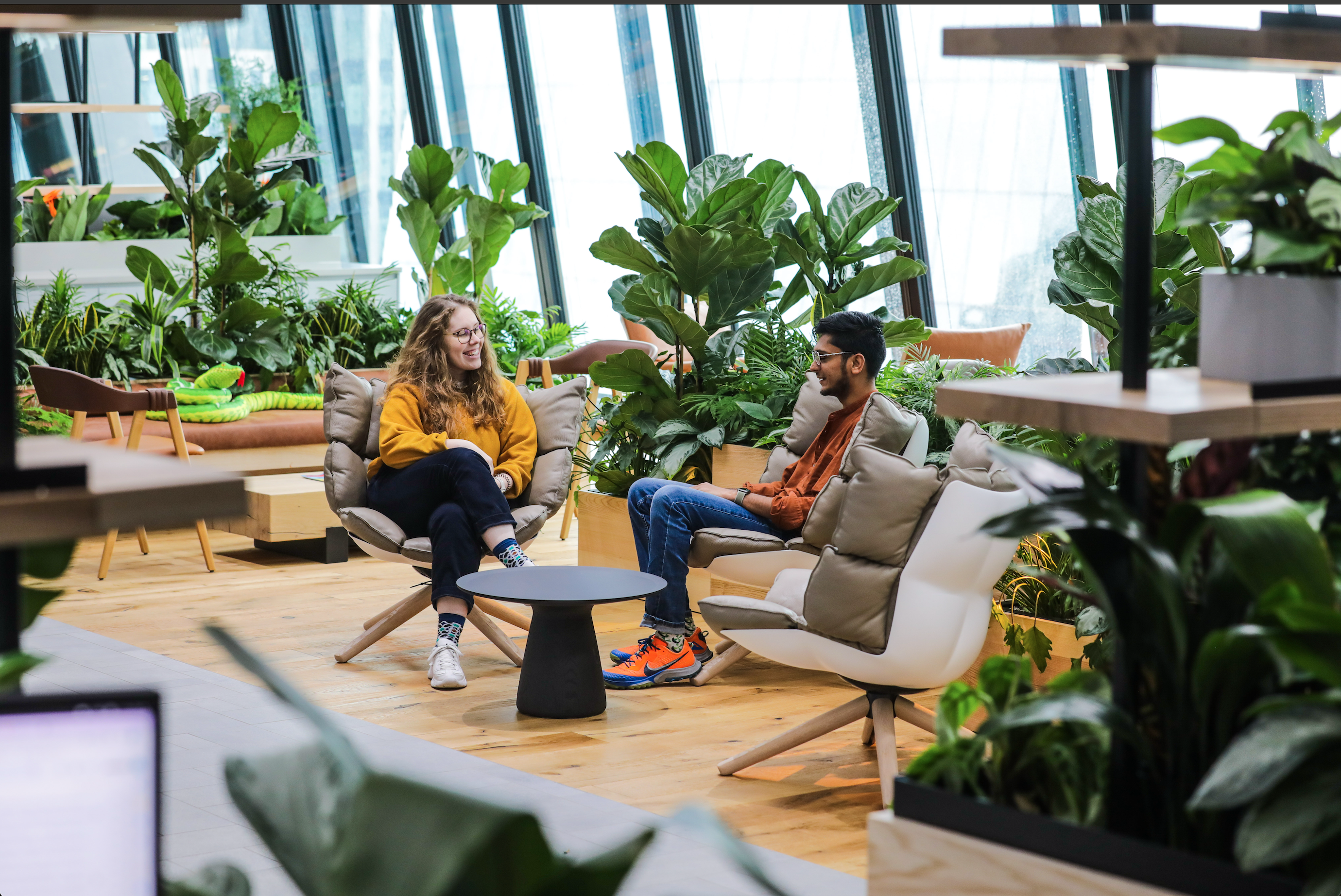 Two people sitting on comfortable low chairs having a discussion